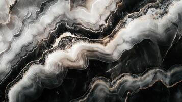 Detailed view of onyx stone, emphasizing its deep black hues intertwined with shimmering gold veins. photo