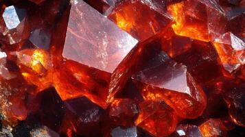 Zincite surface in extreme close-up, highlighting its vibrant color transitions from deep red to bright orange with intricate crystal formations. photo