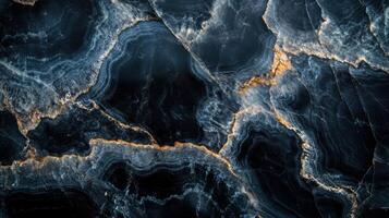 Detailed view of onyx stone, emphasizing its deep black hues intertwined with shimmering gold veins. photo