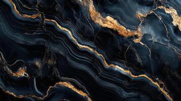 Detailed view of onyx stone, emphasizing its deep black hues intertwined with shimmering gold veins. photo