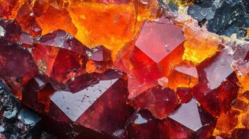 Zincite surface in extreme close-up, highlighting its vibrant color transitions from deep red to bright orange with intricate crystal formations. photo
