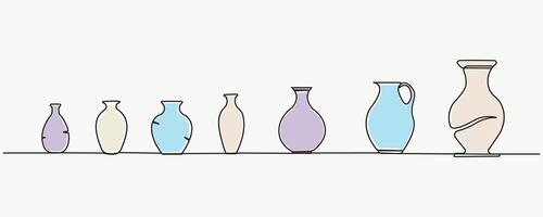 Hand-drawn different types of vase continuous line art. Vase linear design in doodle style. vector