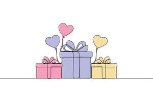 Hand-drawn gift boxes with balloons continuous line art. Festival concept element in doodle style. vector