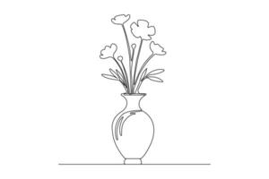 Hand-drawn flowers in vase continuous line art. Vase linear design in doodle style vector