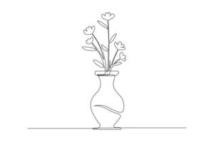 Hand-drawn flowers in vase continuous line art. Vase linear design in doodle style. vector