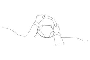 Hands holding steering wheel front view continuous outline . steering one line art drawing. vector