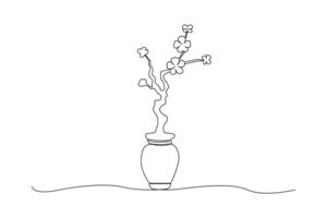 Hand-drawn plant continuous line art. Vase linear design in doodle style vector