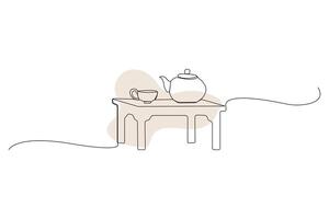 Hand-drawn Tea table one-line art drawing. Table continuous outline vector