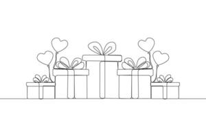 Gift boxes with balloon hand-drawn continuous line art. Festival concept element in doodle style. vector