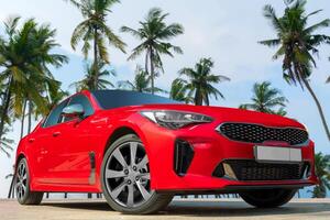 Red car on a background of palm trees. Stylish, modern, bright image of the car for design solutions. photo