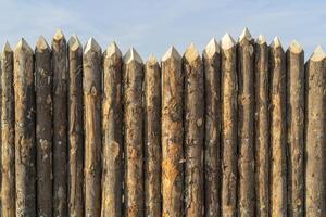 Wooden palisade made of logs. Log wooden fence. Sharp stakes in the ground. photo