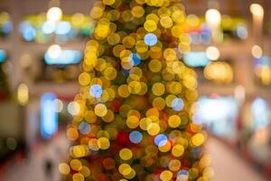 Blurred lights of garland on the Christmas tree. Festive background. photo
