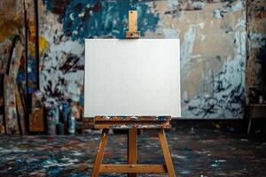 Blank canvas standing on easel in an art studio with abstract painting in background photo