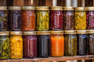 Rows of colorful preserves in glass jars with metal lids sitting on a wooden shelf photo