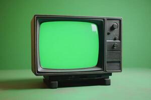 Old tv set displaying green screen on green background photo