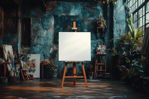 Blank canvas standing on easel in an art studio waiting for a painter photo