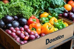 Boxes full of fresh organic vegetables for donation photo