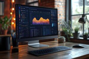 Modern workspace setup showing financial data on a desktop computer screen photo