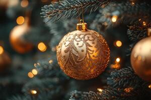 Christmas tree decorated with golden baubles and sparkling lights photo