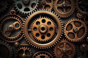Closeup of vintage metallic clockwork gears interlocking with each other photo