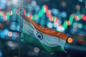 Indian flag waving with stock market data in the background photo