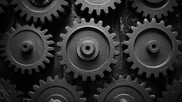 Retro black and white background of industrial cogs or gears with movement photo