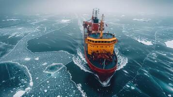 Research vessel sailing through icy waters in the arctic ocean photo