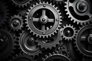 Retro black and white background of industrial cogs or gears with movement photo