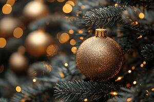 Christmas tree decorated with golden baubles and sparkling lights photo