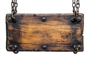 Old empty wooden sign hanging on chains isolated on white background photo
