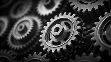 Retro black and white background of industrial cogs or gears with movement photo