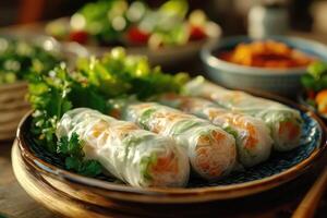 Delicious vietnamese shrimp spring rolls served with dipping sauce on rustic wooden table photo