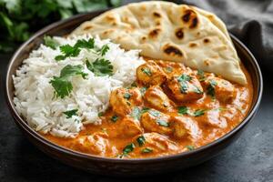 Delicious chicken tikka masala with rice and naan bread on dark background photo