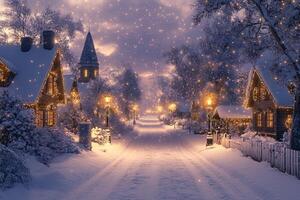Snow falling on small town covered in christmas lights at twilight photo