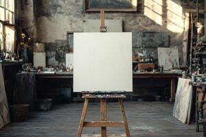 Blank canvas standing on easel in an art studio waiting for a painter photo