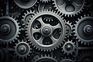 Retro black and white background of industrial cogs or gears with movement photo
