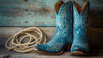 Pair of turquoise cowboy boots resting on rustic wooden background photo