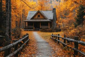 Log cabin surrounded by colorful autumn foliage with pathway leading through forest photo