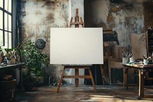A pristine blank canvas on a wooden easel awaits an artist's creativity in a textured art studio photo