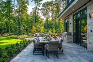 Backyard patio with a dining table and chairs on concrete pavers photo