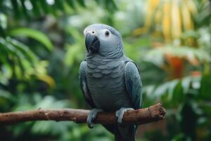 African grey parrot perching on branch in jungle photo