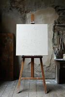 A pristine blank canvas on a wooden easel awaits an artist's creativity in a textured art studio photo
