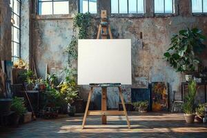 Blank canvas standing on easel in an art studio waiting for a painter photo