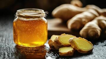 Jar of honey sitting on table with sliced ginger root in rustic kitchen photo
