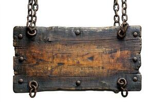 Old empty wooden sign hanging on chains isolated on white background photo