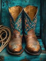 Pair of brown leather cowboy boots with rope on wooden surface photo