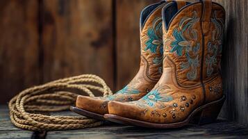 Pair of brown leather cowboy boots with rope on wooden surface photo