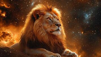 Majestic lion resting under starry sky with nebula clouds photo
