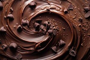 Melted chocolate is swirling around chunks of dark chocolate photo