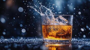 Whiskey with ice cubes splashing in glass on dark background photo